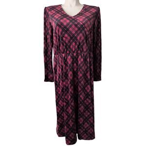 Velvet Plaid Midi Dress Large Burgundy Long Sleeve Modest Demure Holiday Church